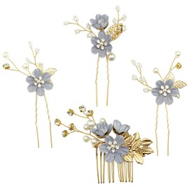 PRETTYLIFE Wedding Flower Hair Pieces Set 4pcs Bridal Light Blue Floral Crystal Pearl Gold Leaf Vine Hair Combs Pins Accessories for Women