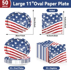 American Flag Oval Paper Plates 11inch Veterans Day Paper Plate and Napkin, Dish Tray Election Day Party Decoration 4th of July Supplies for Independence Day Memorial Day Labor Day Tableware, 25 Guest