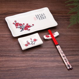 4 Pcs Japanese Sushi Plate Dinnerware Set White With Plum Blossom Design