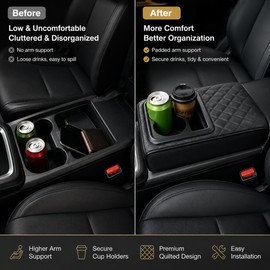 Car Center Console Armrest Cushion for Long Drives – Raised PU Leather Pad with Dual Cup Holders and Storage