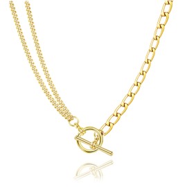 Staligue Chunky Necklace for Women Men 18K Gold Plated Layering Toggle Chain Necklaces Trendy Double Cuban Link Statement T-bar Clasp Chain Necklace Jewelry