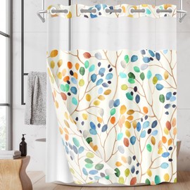 Nesphy No Hook Colorful Leaves Ivory Shower Curtain with Snap in Fabric Liner Set, Floral Leaf Modern Double Layers Waterproof Fabric with See Through Top Window Open Grommet Bath Curtain 71x74 Inch