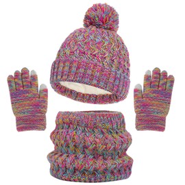 3 Pcs Kids Winter Warm Beanie Hat Gloves Scarf Set with Pompom Neck Warmer Mittens Gloves for Girls Boys Rainbow