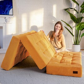 MAXYOYO Tri-Fold Mattress, 6 Inch Tufted Folding Futon Foam Bed, Foldable Floor Mattress Guest Bed Futon Topper Portable Camping Sleeping with Corded Fabric, Orange, 53"x75"