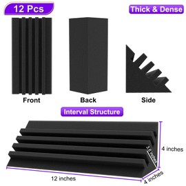 TroyStudio Bass Traps - 12 Pcs 4 X 4 X 12 Inches Dense Thick Studio Bass Foam Corner, Acoustic Treatment Panel Absorbing Echo Reverb, Low Frequency Sound Absorber for Music Room Home Recording Studio