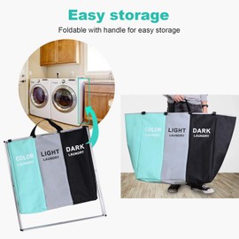 135L Laundry Cloth Hamper Sorter Basket Bin Foldable 3 Sections with Aluminum Frame 26''×24''H Washing Storage Dirty Clothes Bag for Bathroom Bedroom Home Storage basket(3 Liner) (Green+Grey+Black)