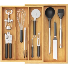 Lifewit 4 Compartments Bamboo Utensil Drawer Organizer, Expendable Cooking Silverware Tray for Kitchen Drawer - Color: Natural