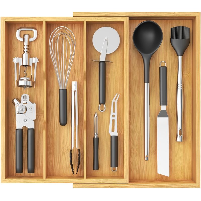 Lifewit 4 Compartments Bamboo Utensil Drawer Organizer, Expendable Cooking Silverware