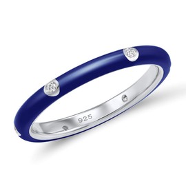 Santuzza 925 Sterling Silver Enamel Stackable Ring Cubic Zirconia Eternity Stacking Ring for Women (Navy Blue,9)