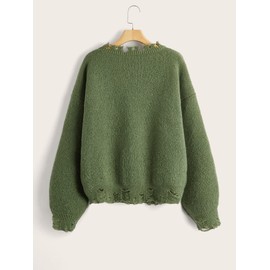 SHENHE Women's Oversized Skeleton Pattern Ripped Round Neck Sweater Pullover Green L