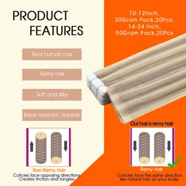 Full Shine Remy Injected Tape Hair Extensions Real Human Hair Color 18/613 Natural Blonde Shades Injection Tape in Extensions 18Inch Long Invisible Adhesive Extension 50Gram 20Pcs Reusable