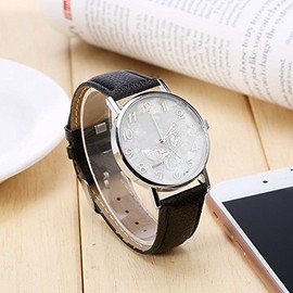 Sonew Women Quartz Watch, Female Analog Round Wristwatches PU Leather Strap Fashion Simple Butterfly Design Wrist Watch(Black)