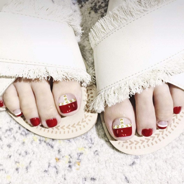 Yienate False Nail for Toes Chic Exquisite Bride Red and Gold Fake Nail for Toes Full Cover Nail Tips Toenails 24pcs