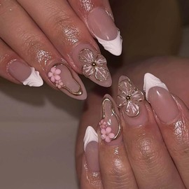 Almond Press on Nails 3D French Tip Fake Nails with Bronzing Pink Flower Design Medium Length Glue on Nails Glossy Fashion Sping Petal False Nails 24Pcs Acrylic Nails Press ons