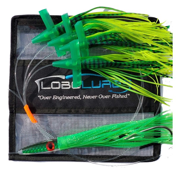 Lobo Lures #222 Green Machine Tuna Bullet Commotion Splash Fishing Daisy Chain 400lb Leader & 10/0 Hook