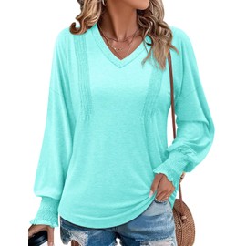 onlypuff Women V-Neck Tee Casual Ruffle Cuffs Long Sleeve Blouse Top for Fall Winter Water Green XXL