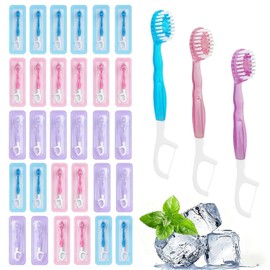 30 Cepillos de Dientes Viaje Desechables Envueltos Individualmente, Mini Cepillo de Dientes Premontado 5 En 1, Portátil, Sin Flúor, con Pasta Integrada (Sabor Peppermint, Melocotón, Sakura)