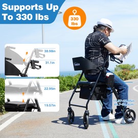 Rollator Walker for Seniors/Adults Foldable Rolling Walker with Seat 330 lbs Capacity 4 Big 8 inch Wheels Hand Grips Adjustable Height Lightweight Aluminum Walker 7208(Black)
