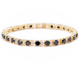 RIZILIA Eternity Tennis Bracelet [18cm/7inch] with Round Cut Gemstones CZ [Black Onyx] in 18K Yellow Gold Plated, Simple Modern Elegance