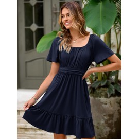 Simplee Womens Summer Dresses 2025 Mini Square Neck Casual Short Sleeve Shirred Flowy A-Line Dress with Pockets(Navy Blue M)