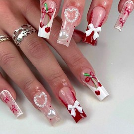 Red French Tip Press on Nails Long Square Fake Nails with 3D Bow Pearl Cherry Heart Design Handmade 24 Pcs Natural Reusable Acrylic Nail Full Cover Stick on Nail for Women Fashion Party No Glue WYFHDT