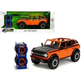 2021 Ford Bronco DCD Open-Top Orange with Black Stripes Hood Extra Wheels 1/24 Scale Diecast Model Car From "Just Trucks" Series