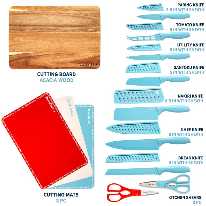 Country Living 20-Piece Kitchen Knife Quality Stainless-Steel Blades with Guards,