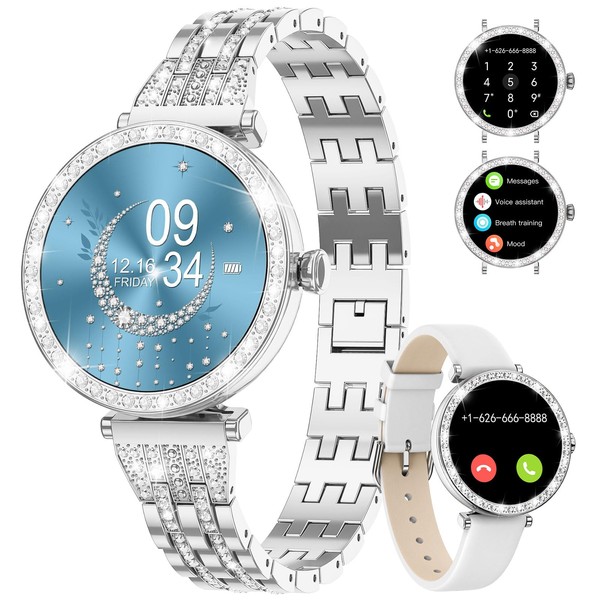 Women's Smartwatch with 1.19 Inch Delicate Small Touchscreen Phone Function IP68 Waterproof Diamond Metal Strap Leather Sports Watches Blood Pressure/Heart Rate/Blood Oxygen Women's Smartwatch for