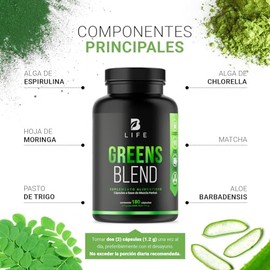 Greens Blend 180 Cápsulas. Ingredientes naturales: Espirulina, Moringa, Weathgrass Clorela, Matcha y Aloe Vera Mezcla Herbal. Greens Blend B Life.