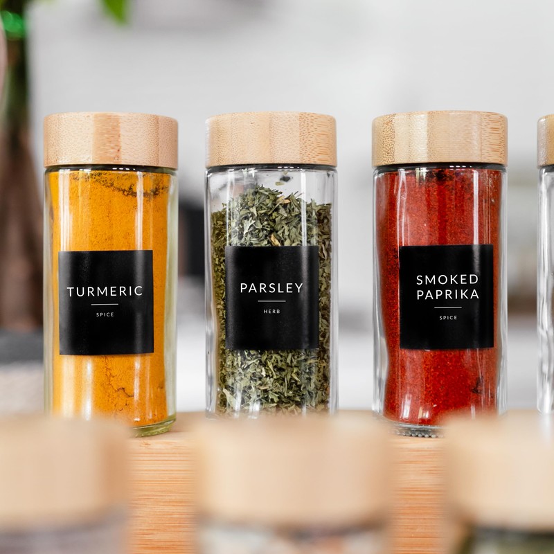 Glass Spice Jars with Label, 24PK Round Bamboo Spice Jar