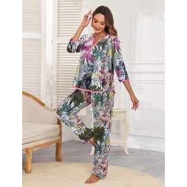 Famulily Pajamas Set for Women Floral Print Sleepwear Soft Pjs Pullover Top and Long Pants Lounge Sets Green+Pink S