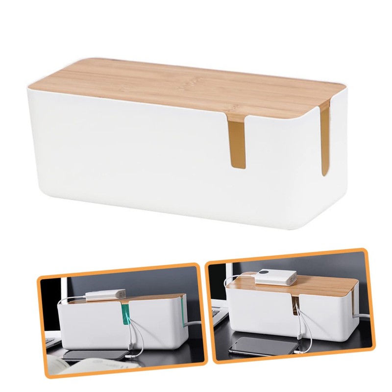 KICHOUSE Cable Storage Box Bamboo Lid Power Line Manager for