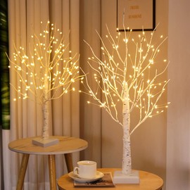 Lighted Trees for Indoor Decor with Timer, Small Christmas Tree with 144 LED Lights, 2FT White Light up Birch Tree Tabletop Lamp for Birthday Thanksgiving Wedding Decor