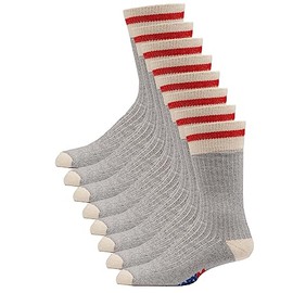 GaryM Men's Heritage Stripe Performance Cushioned Socks, Work Hiking Camp Sock, Boot Size 7-12, 4-Pairs, Grey Cotton Red Stripe