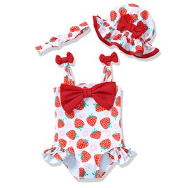 Renotemy Renotemy Newborn Baby Swimsuit Girl One-Piece Sleeveless Bikini Tankini Baby Girls' Swimwear 0-3 Month Swimsuit for Girls Rash Guard Strawberry Bathing Suit Baby Girl with Sunhat Baby Beach Essentials