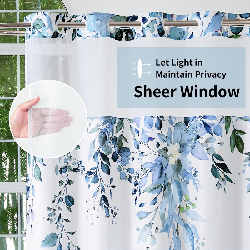 QiyI No Hook Shower Curtain with Snap in Fabric Liner,