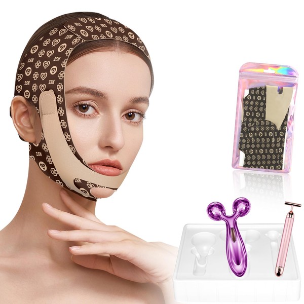 3 in 1 V-Line Beauty Set X3 / Updated Face Belt Reusable V-Line Mask V-Shaped Chin Strap Double Fixed Face Wrap Chin Band for Double Chin/Face Roller/Beauty Bar / (No Ice Globe)