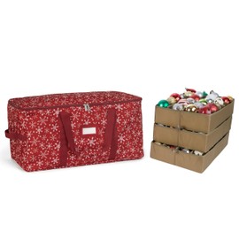 Covermates Keepsakes Adjustable Ornament Storage Bag – Heavy-Duty Polyester, Padded Dividers & FlexGrid Trays – Protective Holiday Ornament Organizer with Handles & Label Window, Red Snowflake