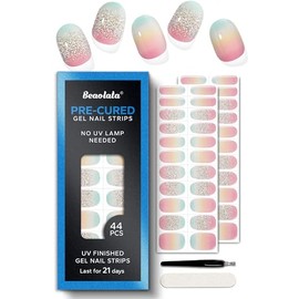Beaolata Pre Cured Gel Nail Strips - 44PCS Salon Quality Gel Nail Stickers - Long Lasting Polish Wraps for Women no UV Light Needed Easy Apply& Remove (Rainbow Pink Glow）