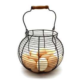 CVHOMEDECO. Antique Wire Egg Basket with Wood Handle Primitives Vintage Gathering Basket. Rusty