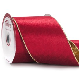 Traico 4" Red Velvet Gold Glitter Backing Wired Ribbon 10 Yards for Christmas Wedding Wreath Gift Wrapping Home Décor DIY