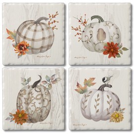 Thirstystone Chinoiserie Fall Pumpkins Assorted Tumbled Tile Stone Coasters with Protective Cork Backing 4-Pack Manufactured in The USA