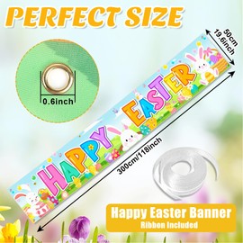 Happy Easter Banners for Outside, Easter Decorations Banner Party Outside, Easter Banner Outdoor Decorations for Wall Yard Fence Indoor Spring Easter Theme Party Supplies Size 118” x 20” (Easter）