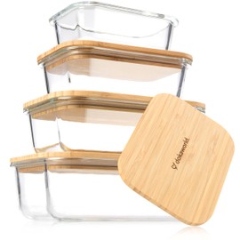 dokaworld Set of 4 Stackable Space-Saving Nesting Glass Containers with Airtight Bamboo Lids - Lunch, Meal & Food Prep - Microwave & Oven Safe BPA Free Durable Heat Resistant Inert Borosilicate Glass