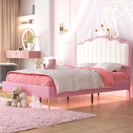 Twin Size Upholstered Princess Bed with Crown Headboard,Platform Bed Frame for Boys Girls Kids Adults Toddler with Headboard and Footboard with Light Strips,Golden Metal Legs, White+Pink
