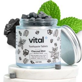 Vital Toothpaste Tabs with Nano-Hydroxyapatite | Naturally Whitens + Remineralizes Teeth | Fluoride & Plastic Free | Combats Sensitivity | Travel & Eco Friendly | Charcoal Mint | 248 Tablets (4 Month)