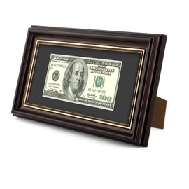 AUEAR, Dollar Bill Frame with Black Mat or Hold 4x9 Business License Without Mat, Easel Stand for Tabletop and D-Ring for Wall Mounting, Tempered Glass (Dark Brown, 1 Pack)
