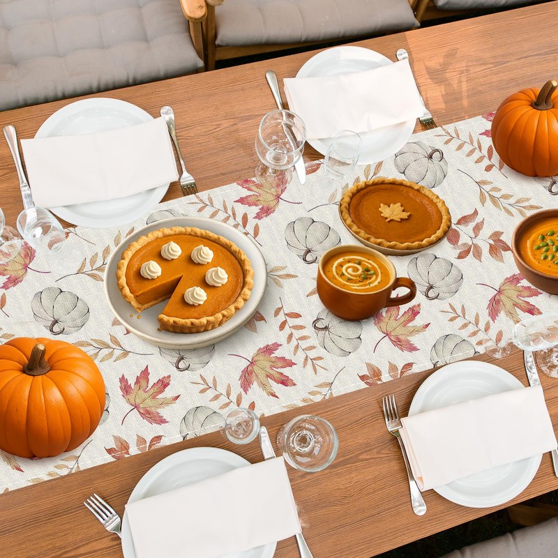 DTCSWACN Orange Pumpkins Fall Maple Leaves Thanksgiving Table Runner, Seasonal