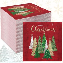 AnyDesign 80 Pack Merry Christmas Paper Napkins Red Green Gold Xmas Tree Disposable Party Luncheon Napkins for Christmas New Year Holiday Dinner Party Supplies, 6.5 x 6.5 Inch