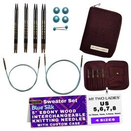 My Two Ladies | Blue Silk | Sweater Set | Knitting Needle Set | 5" Ebony Wood Interchangeable Circular Knitting Needles | Circular Needles with Custom Maroon Case - 4 Sizes (US5, US6, US7, US8)